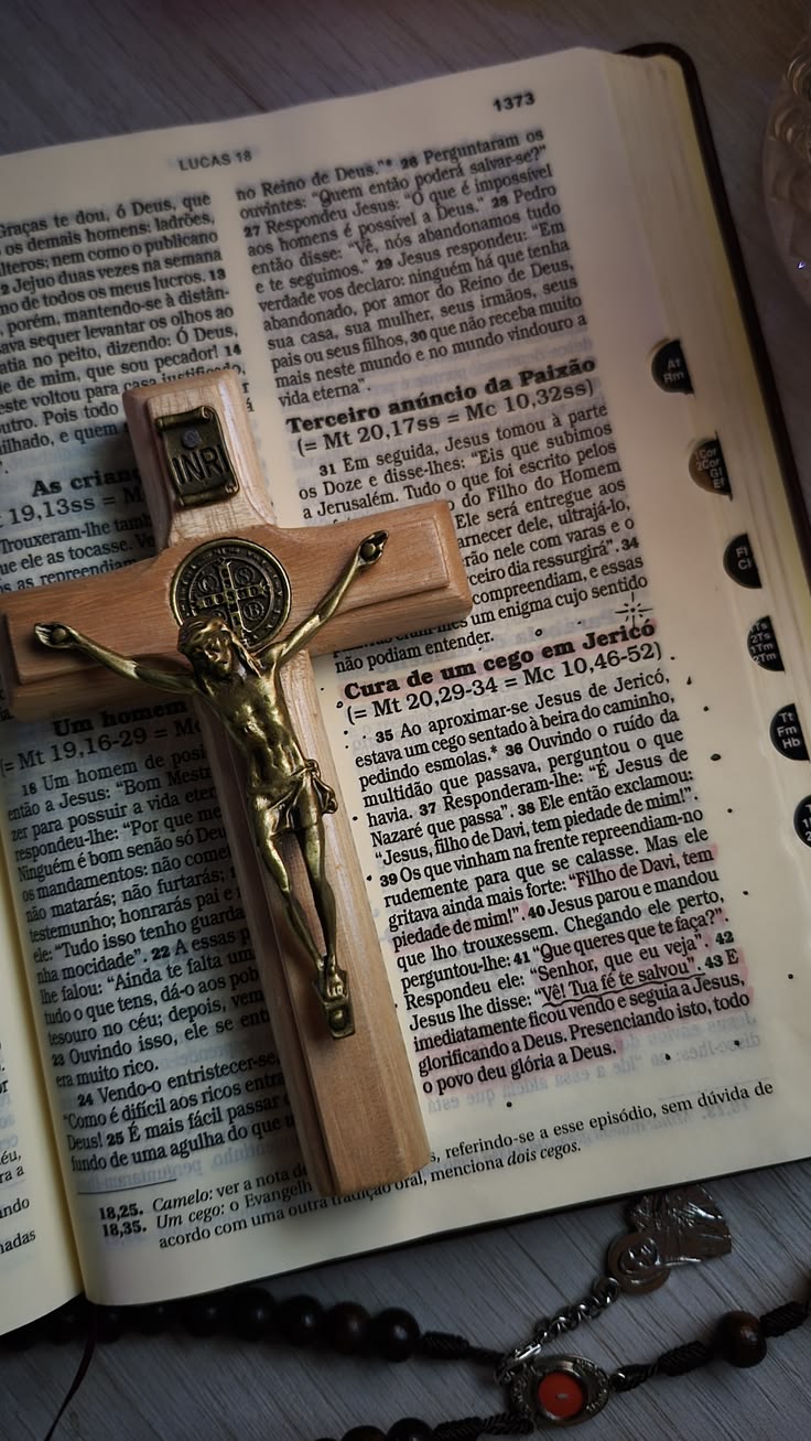 Crucifix resting on an open Bible