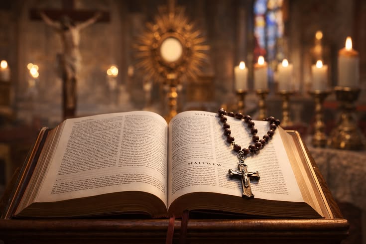 Open Bible with Rosary in a Catholic church setting