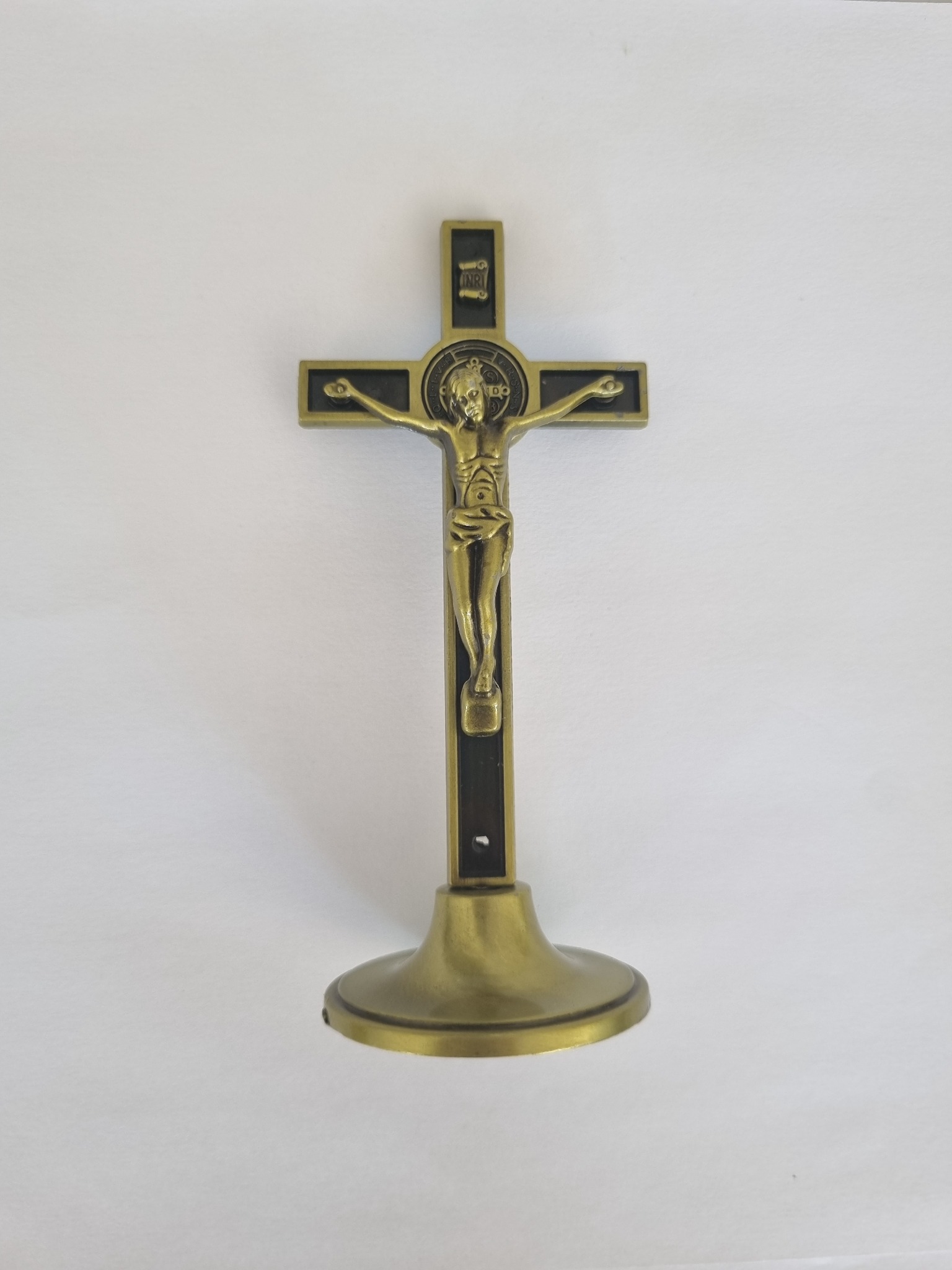 Bronze and black St Benedict standing crucifix with base
