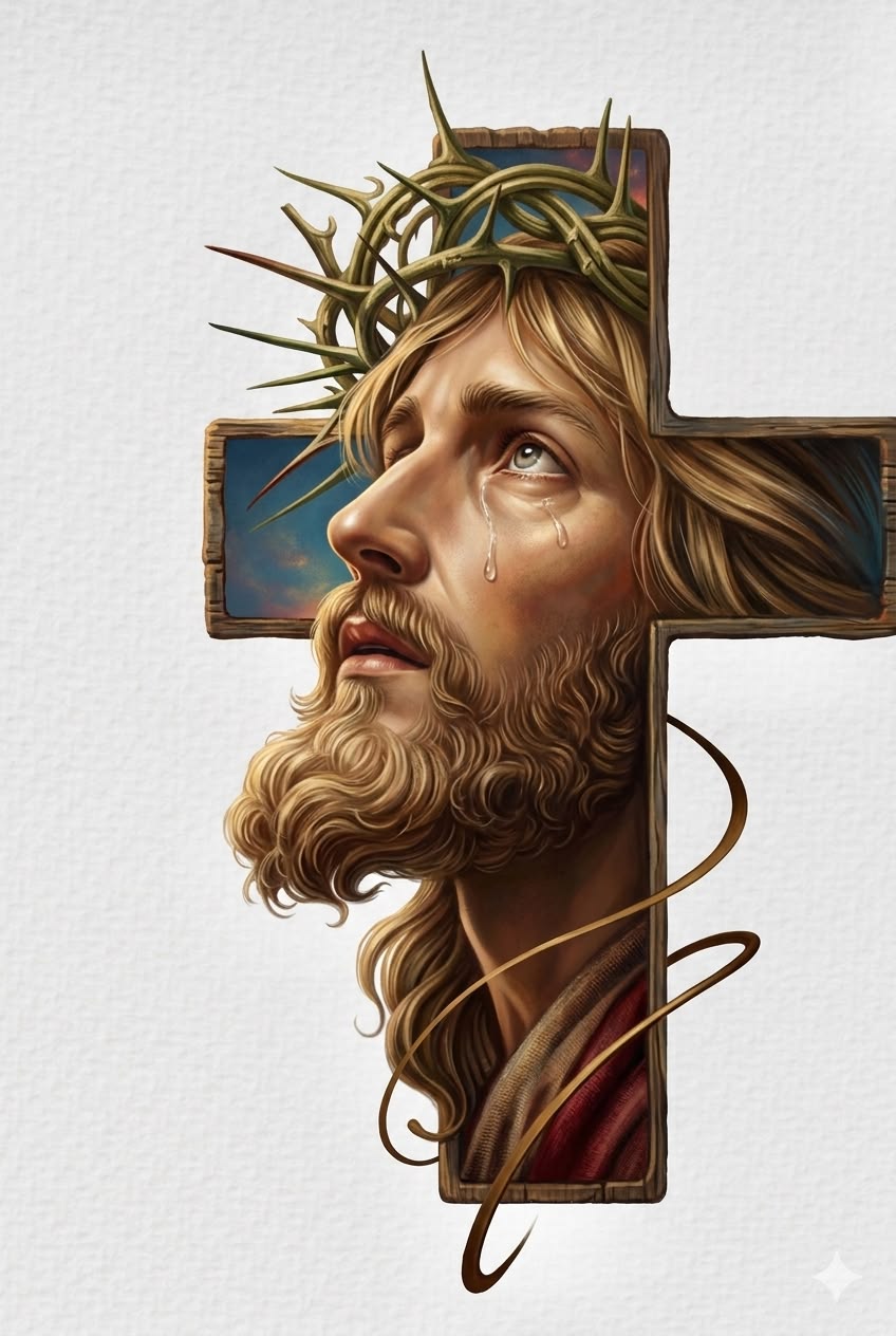 Artistic close-up representation of Jesus with the crown of thorns and the Cross
