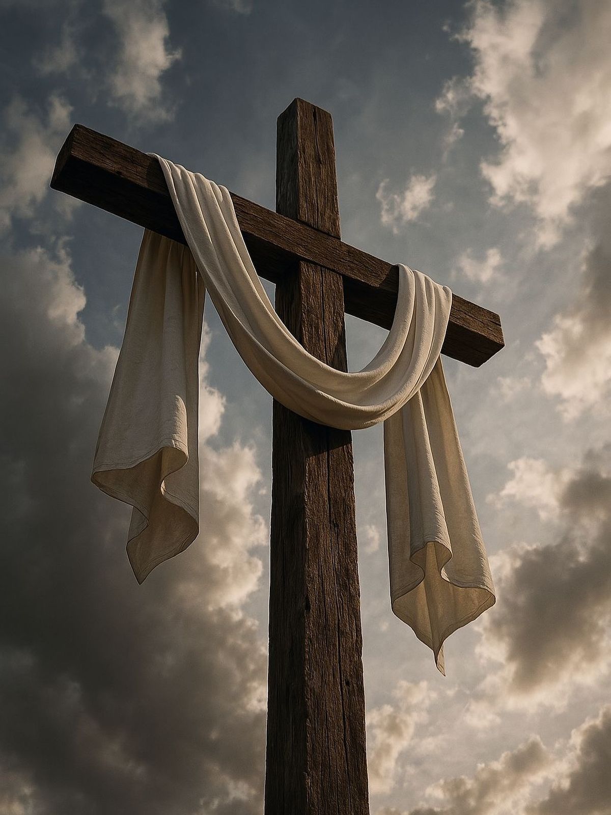 Wooden cross draped with white cloth