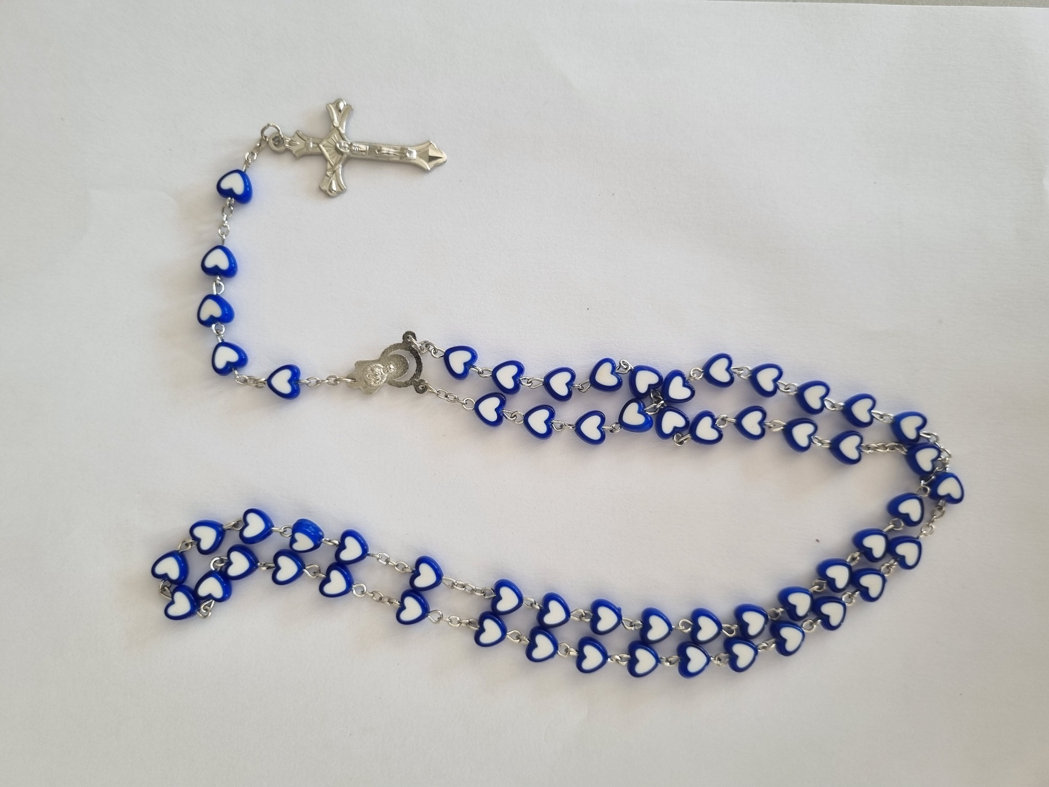 Dark blue and white heart bead Catholic rosary with silver-tone crucifix