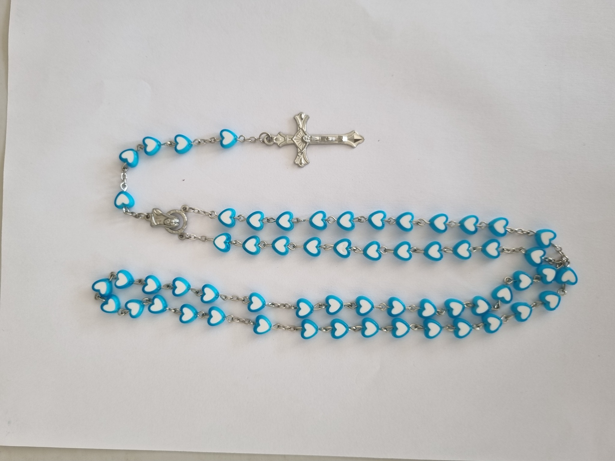Light blue and white heart bead Catholic rosary with silver-tone crucifix