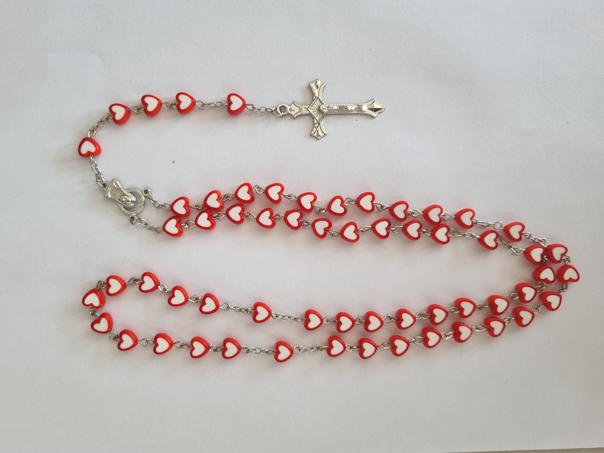 Red and white heart bead Catholic rosary with silver-tone crucifix
