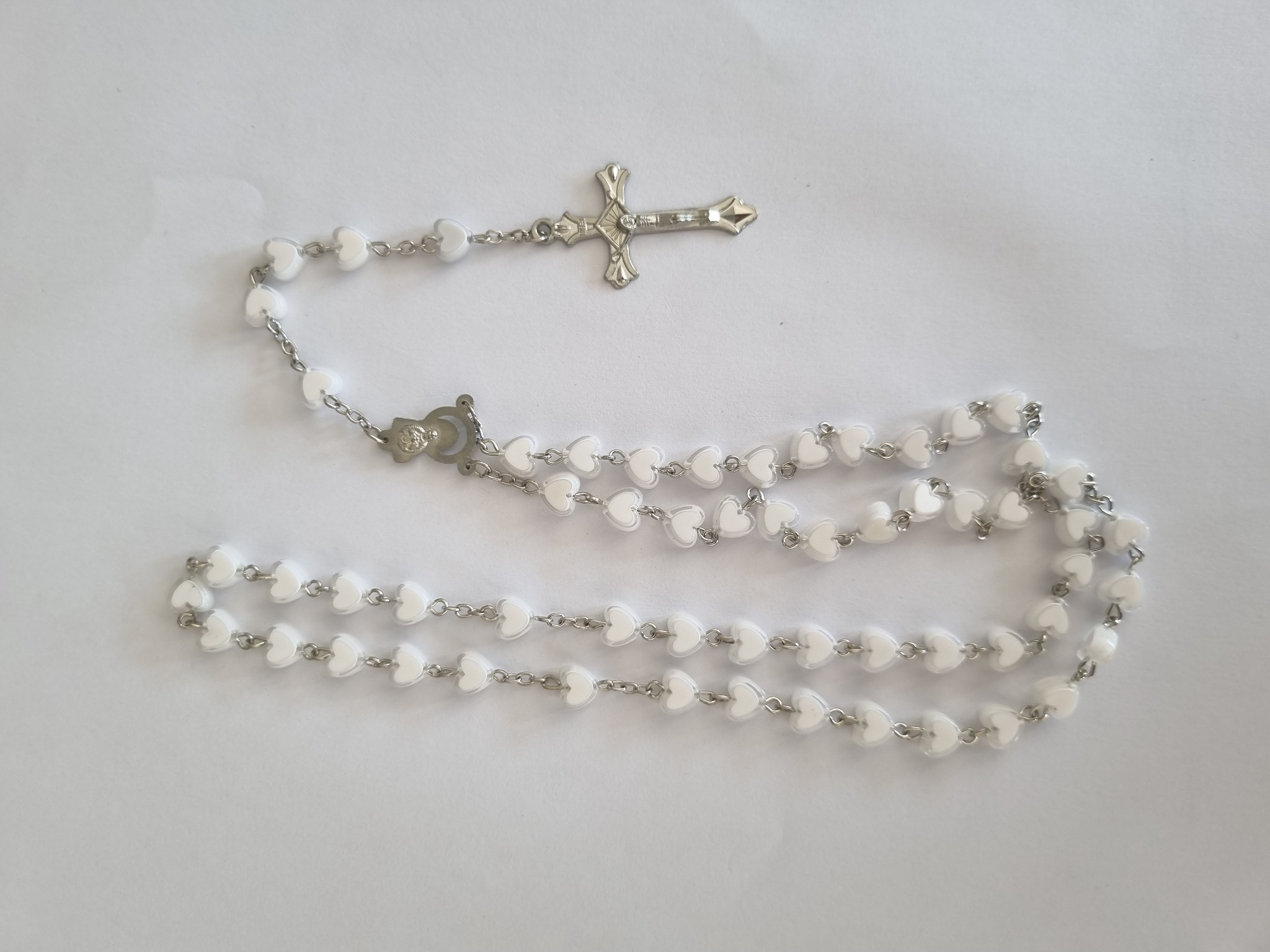 White heart bead Catholic rosary with silver-tone crucifix