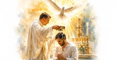Christian baptismal scene with water and a dove symbolizing the Holy Spirit