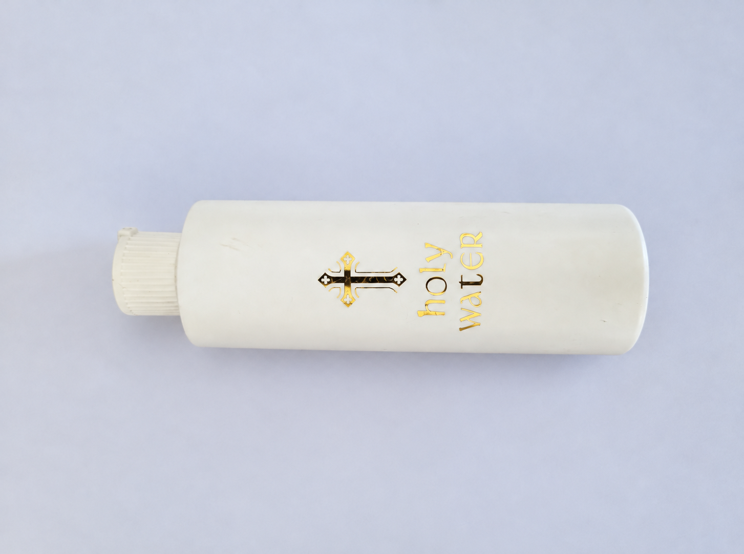 250ml white holy water bottle with gold cross and Holy Water text