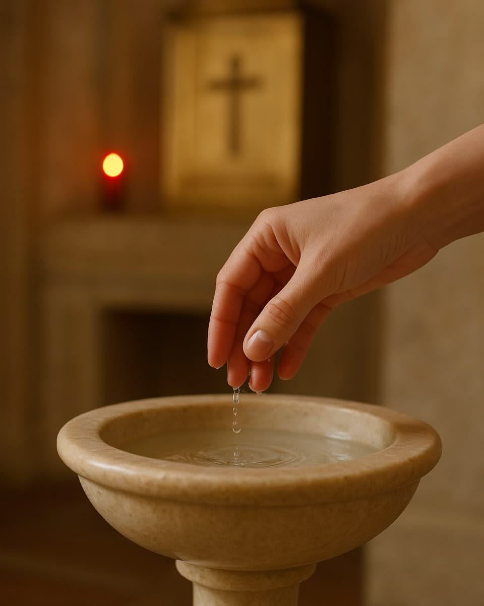 Hand touching holy water in a church font