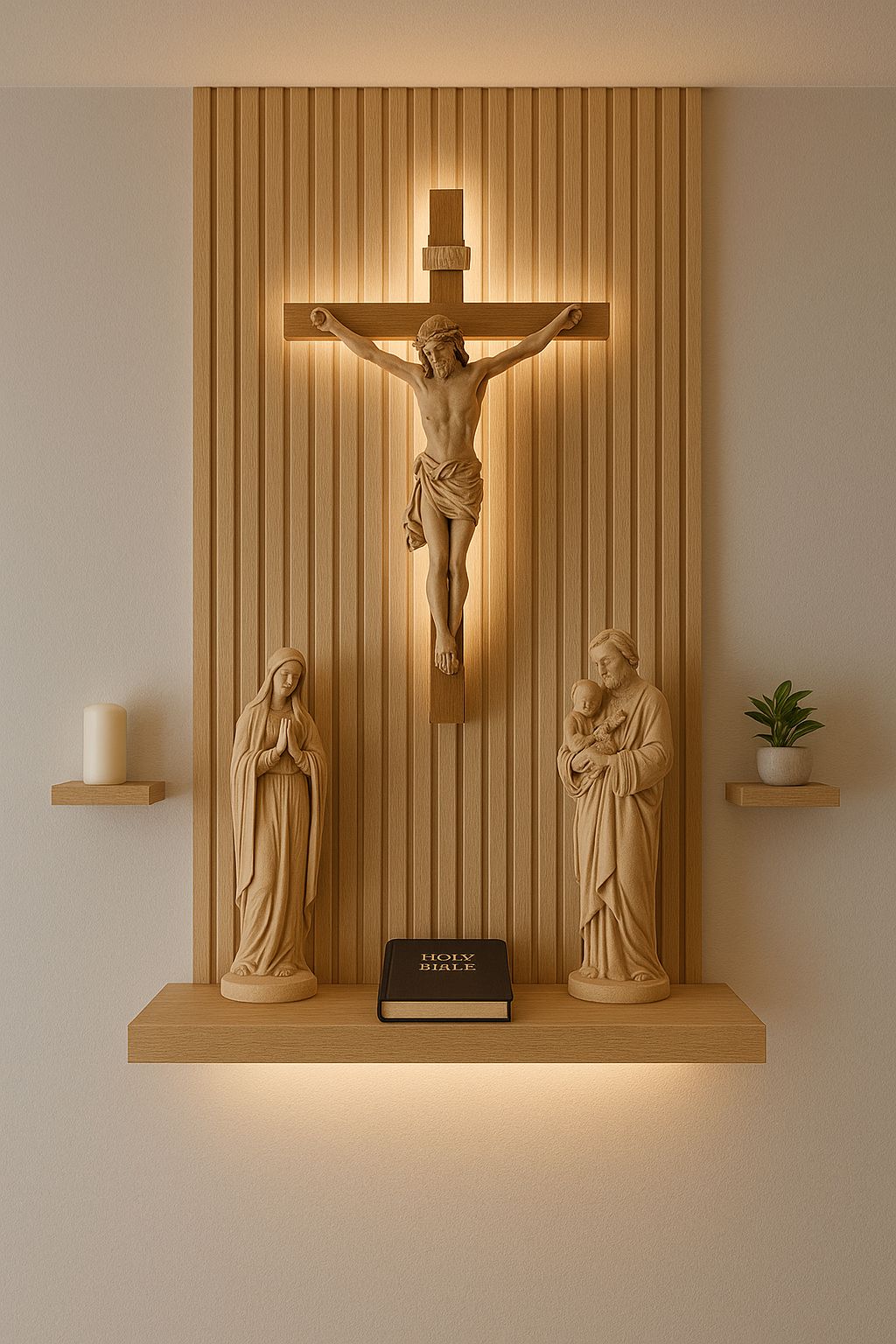 Catholic home prayer space with a large Crucifix, Bible and religious statues