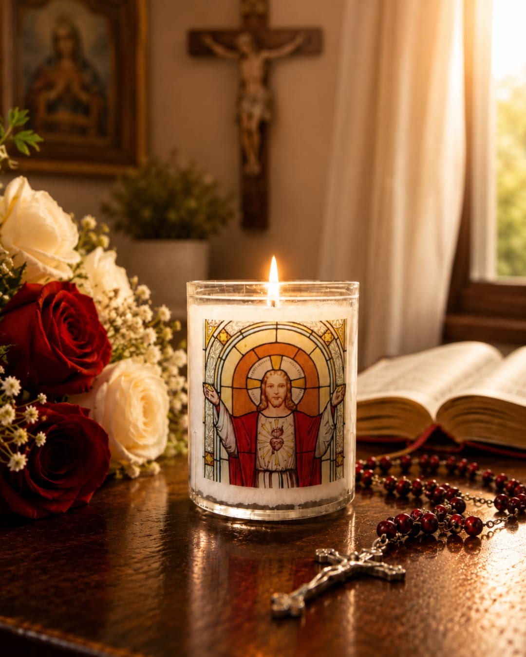 Catholic devotional candle beside a Rosary, Crucifix and open Bible