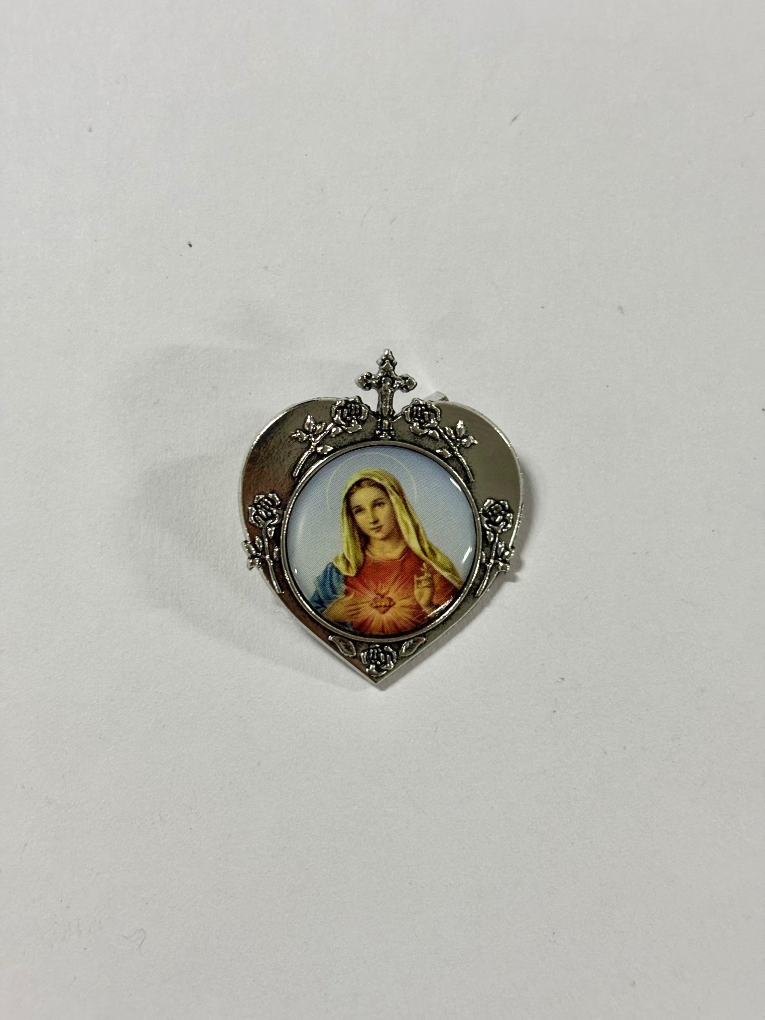 Silver-tone heart brooch featuring the Immaculate Heart of Mary