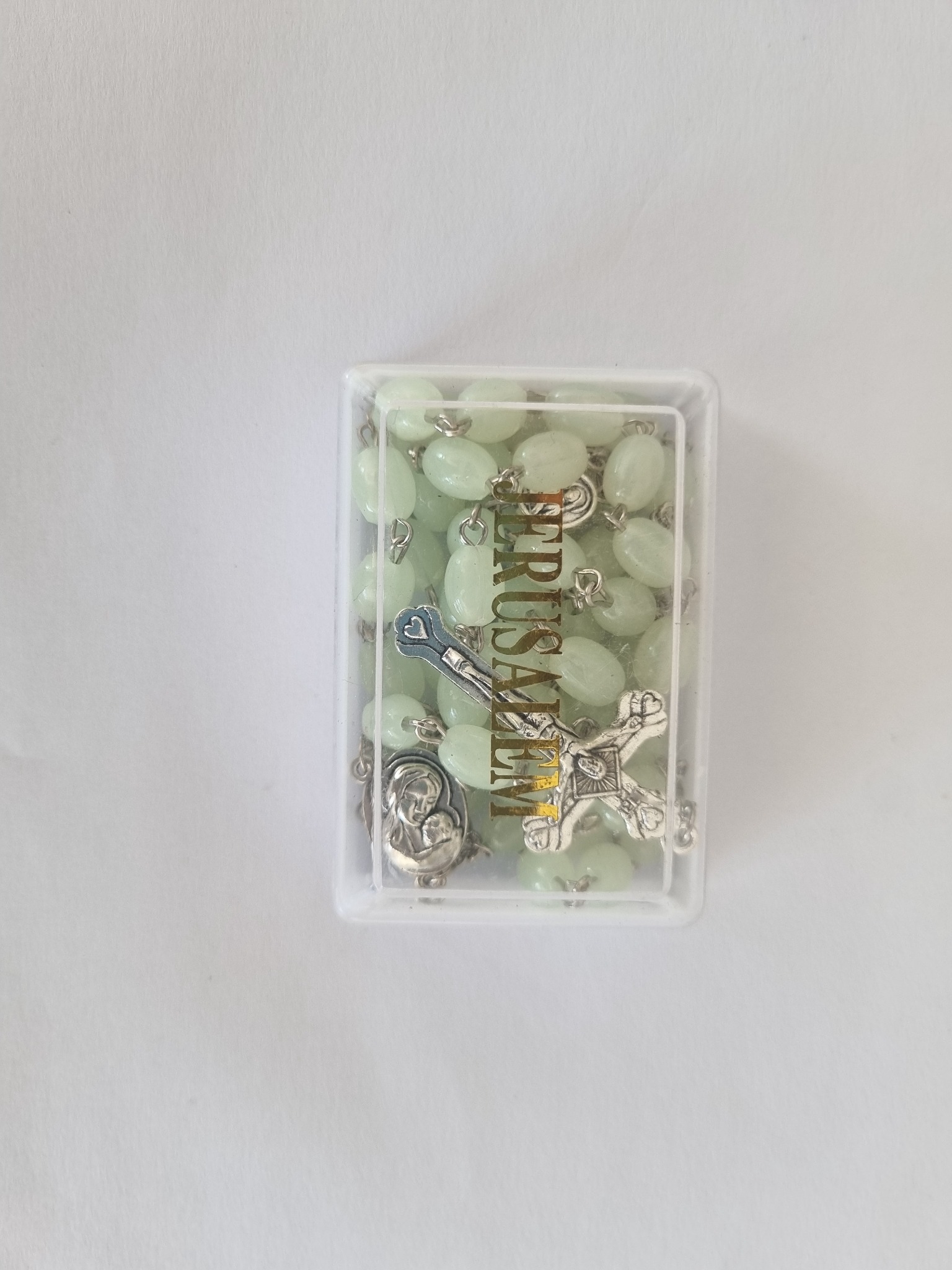Luminous Catholic rosary with pale green beads silver-tone crucifix and Marian centre medal