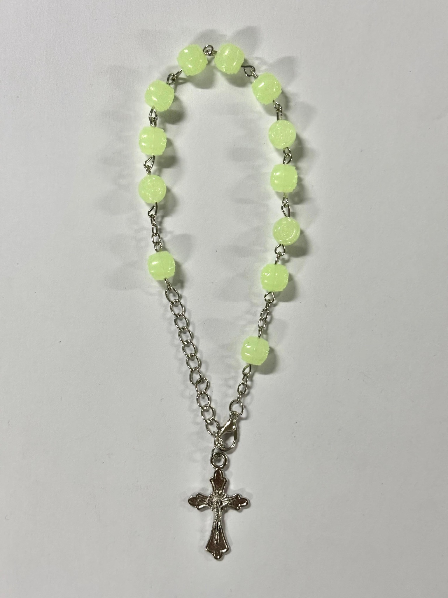 Luminous rose bead rosary bracelet with silver-tone crucifix