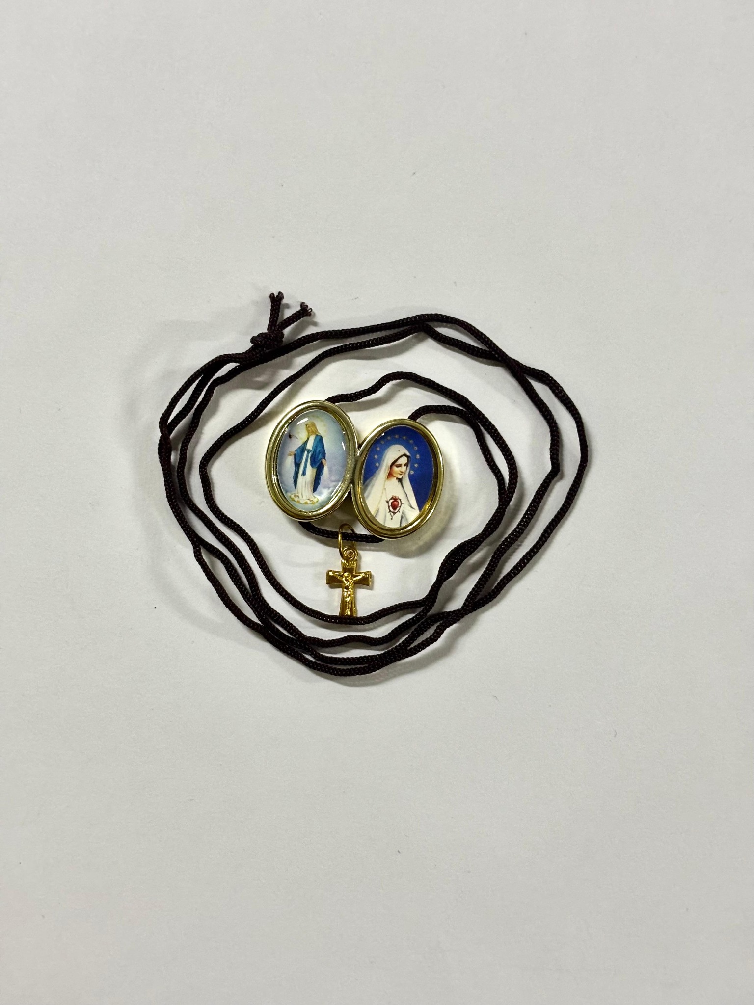 Brown cord Marian devotional necklace with double image medal and crucifix