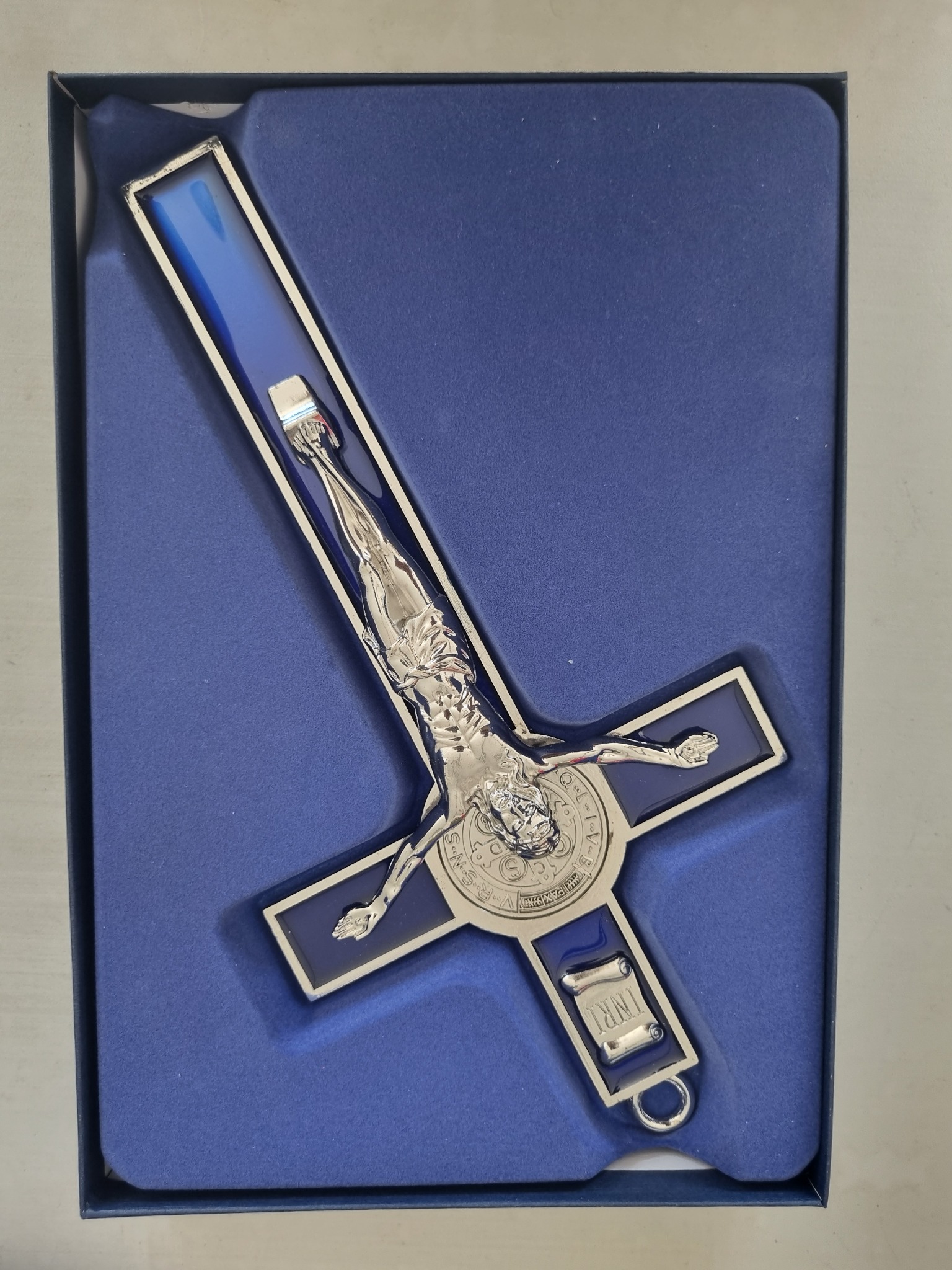 Medium blue and silver St Benedict wall crucifix