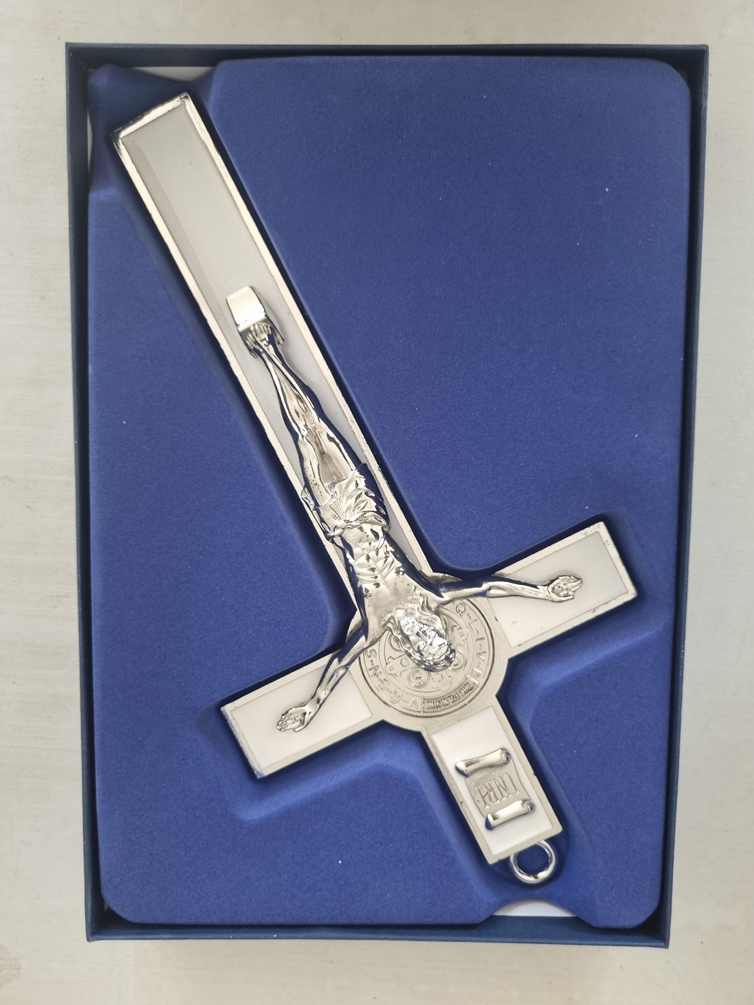 Medium white and silver St Benedict wall crucifix