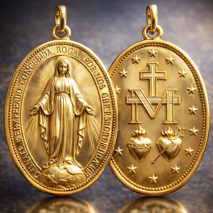 Front and back of a gold-coloured Miraculous Medal