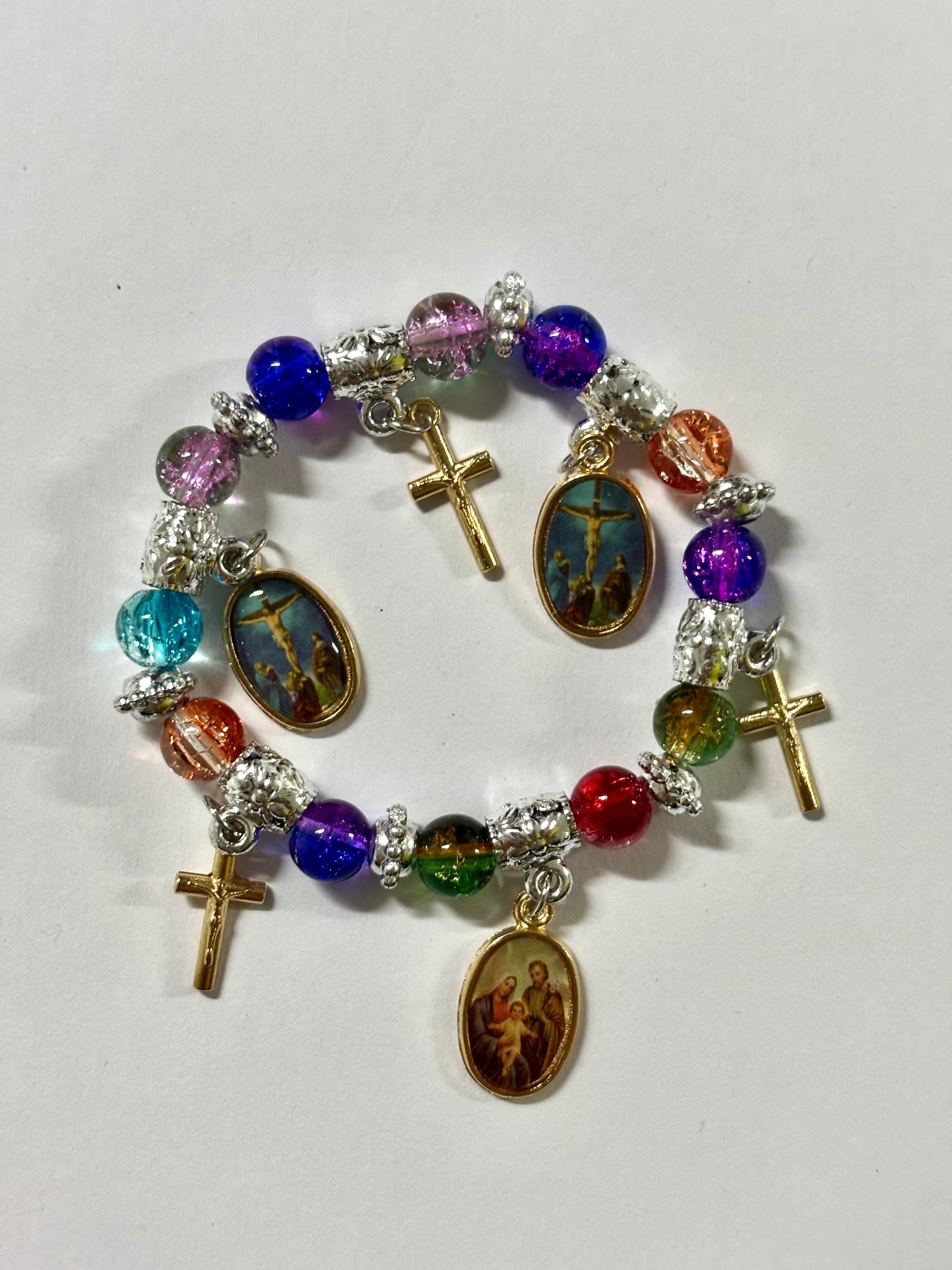 Multicolour Catholic devotional charm bracelet with crosses and religious images