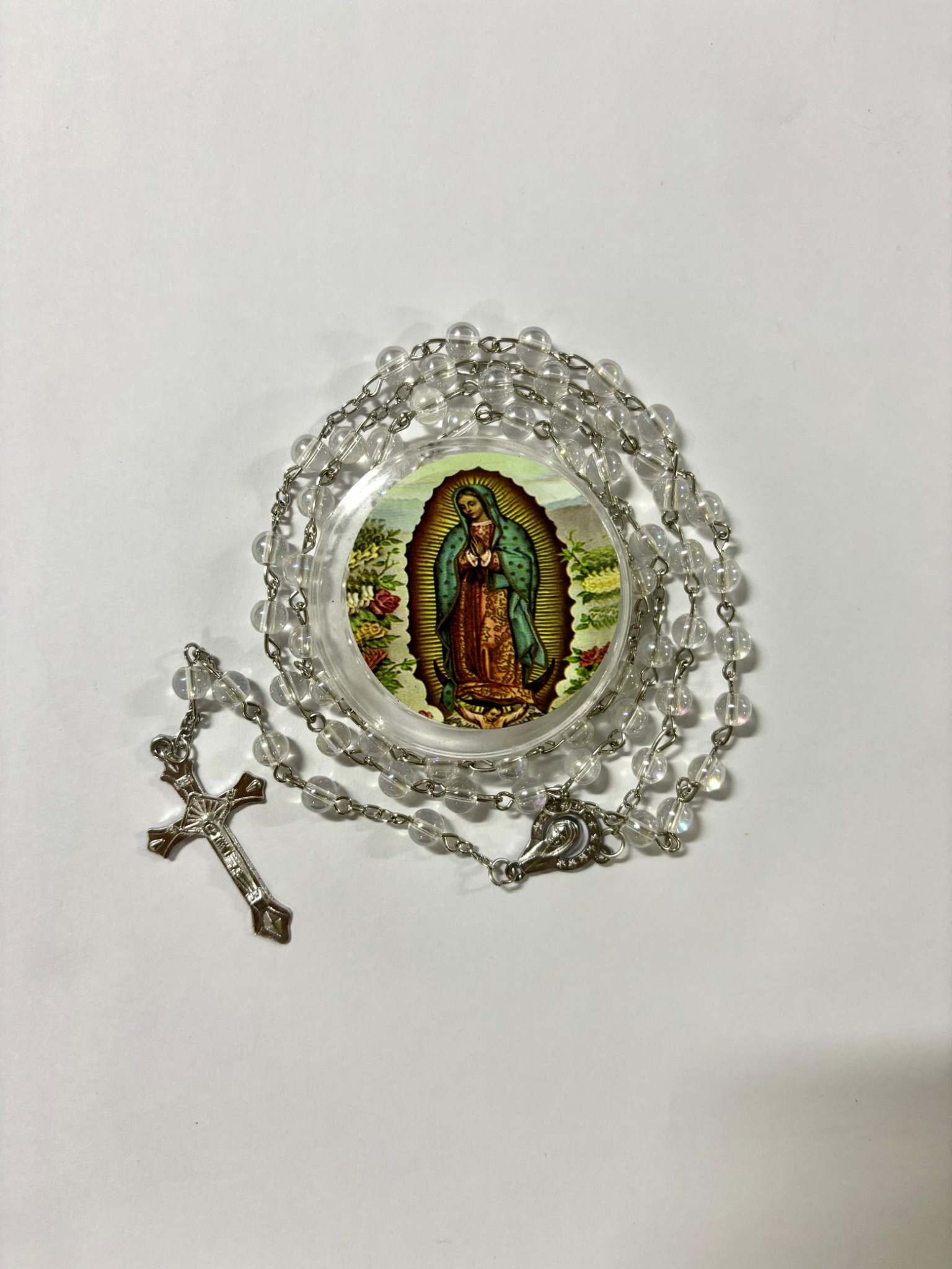 Clear bead Our Lady of Guadalupe Catholic rosary with presentation case
