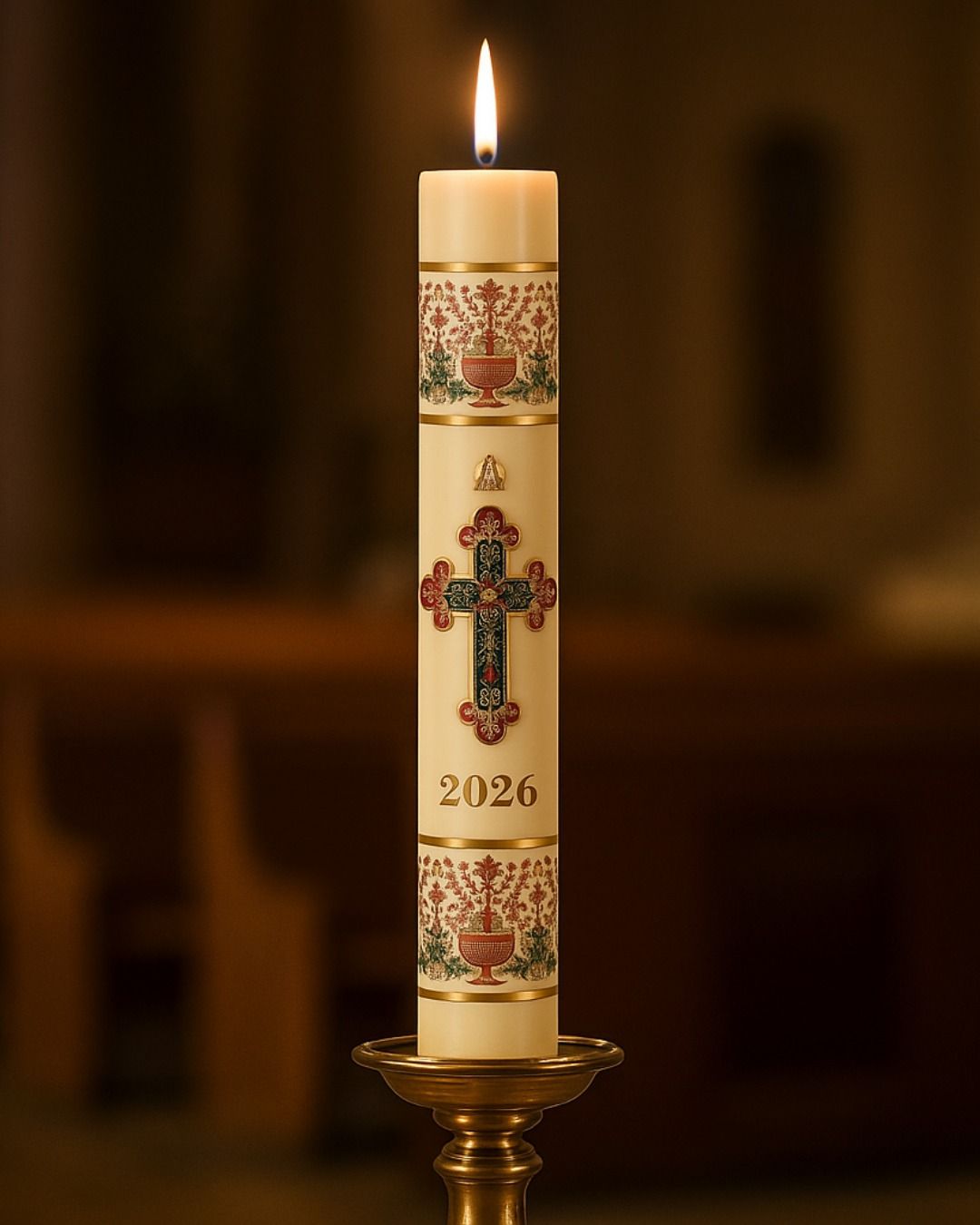 Decorated Paschal Candle burning in a church