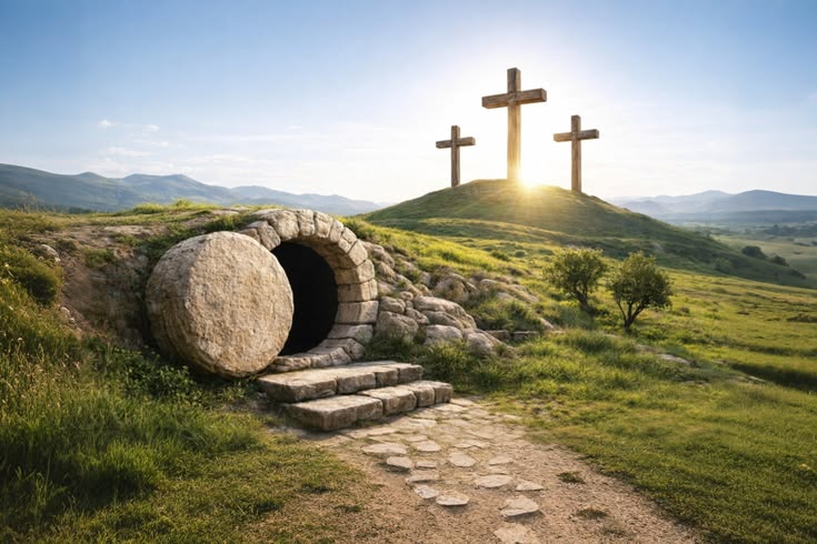 Open tomb and three crosses in a landscape at sunrise
