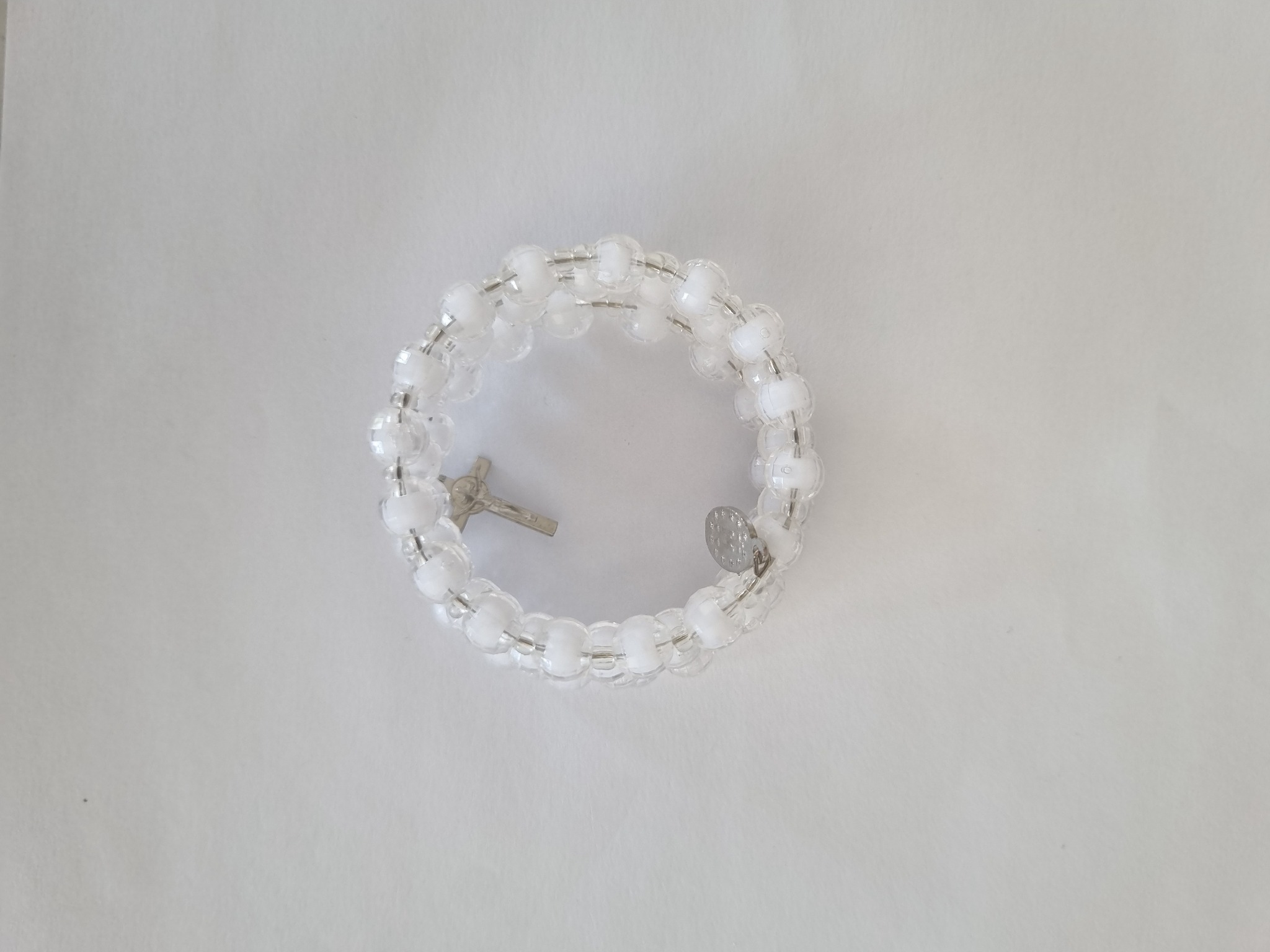 Clear White II Catholic rosary bracelet with devotional medal and crucifix charm