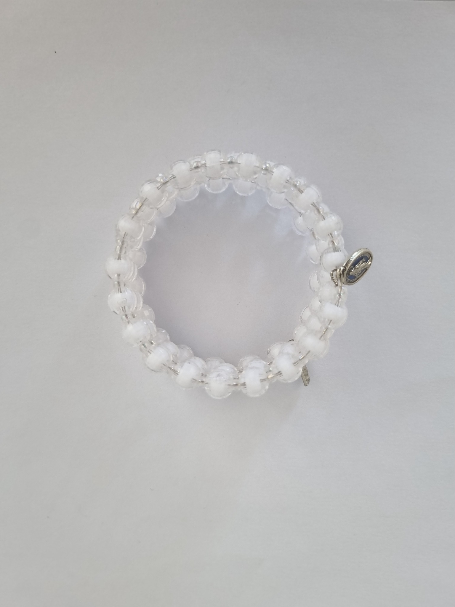 Clear White Catholic rosary bracelet with devotional medal and crucifix charm