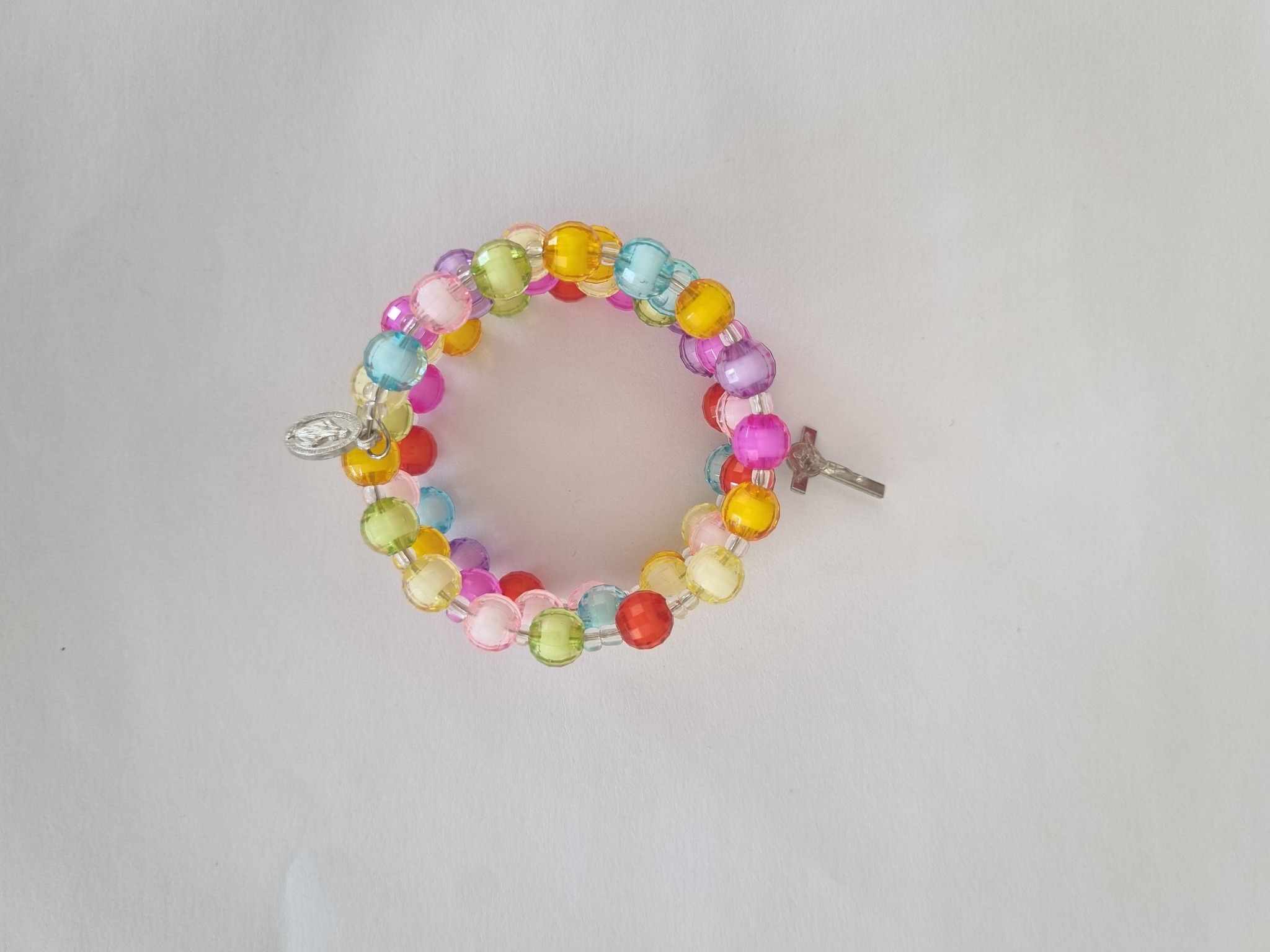 Multicolour Catholic rosary bracelet with devotional medal and crucifix charm