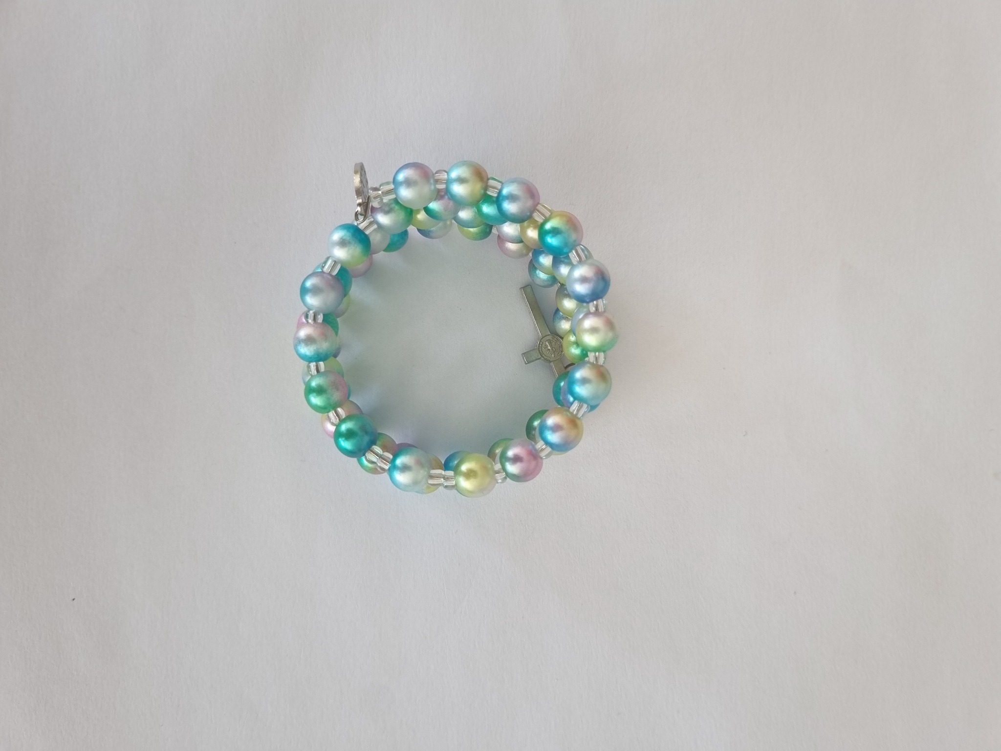Pastel Pearl Catholic rosary bracelet with devotional medal and crucifix charm