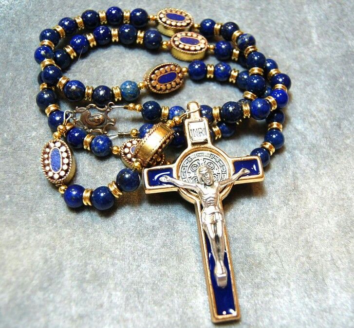Blue and gold Catholic Rosary with Crucifix