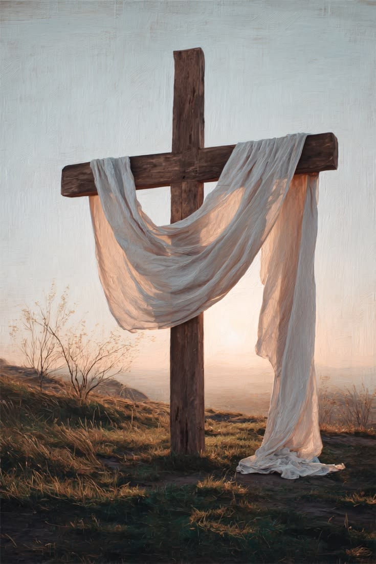 Wooden cross draped with a white cloth in warm light