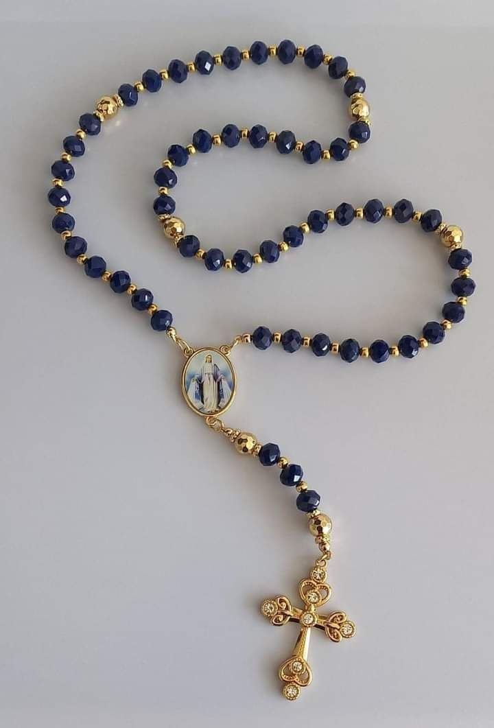 Blue and gold Rosary with a Marian centre medal and Crucifix