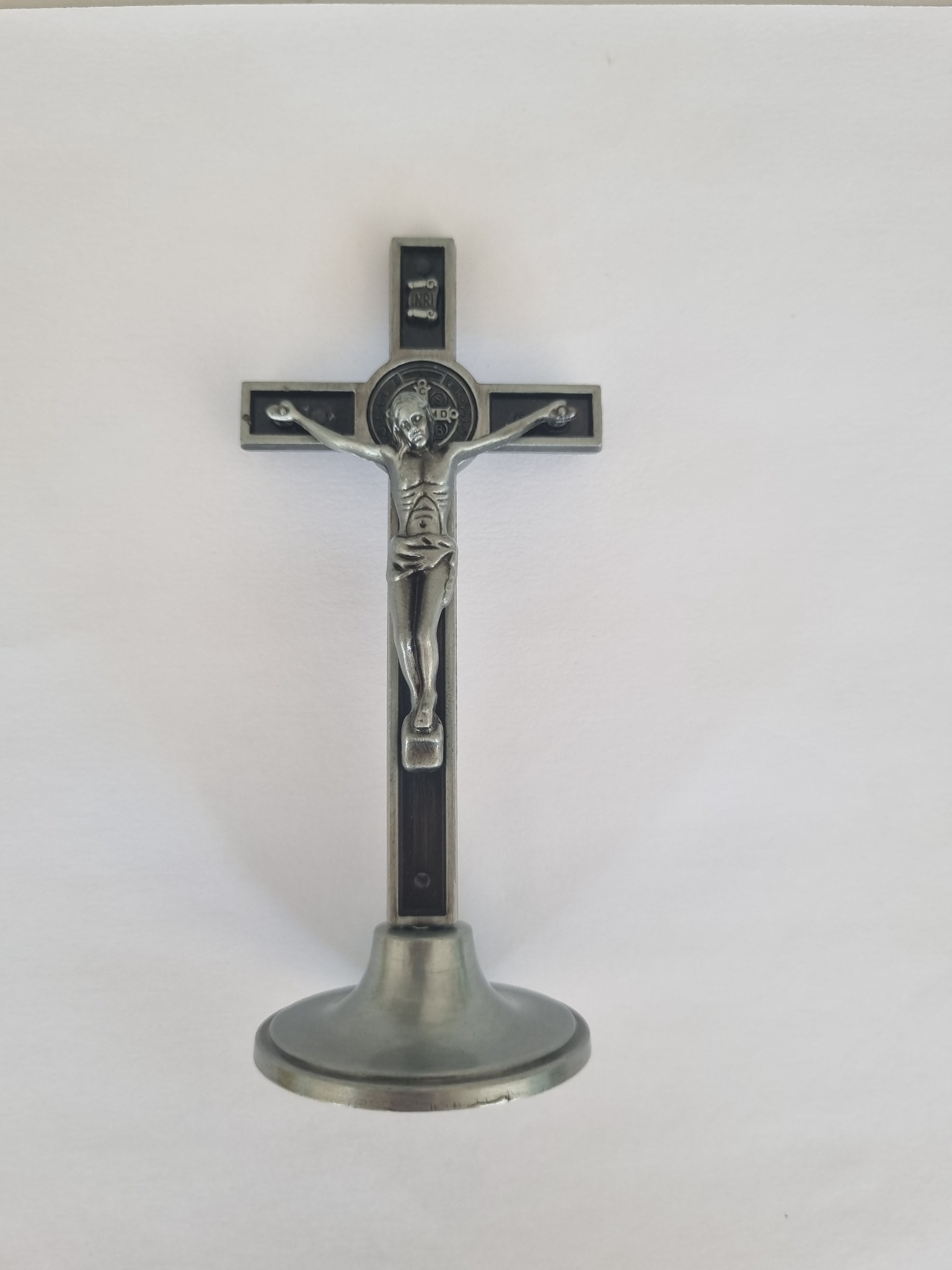 Silver and black St Benedict standing crucifix with base