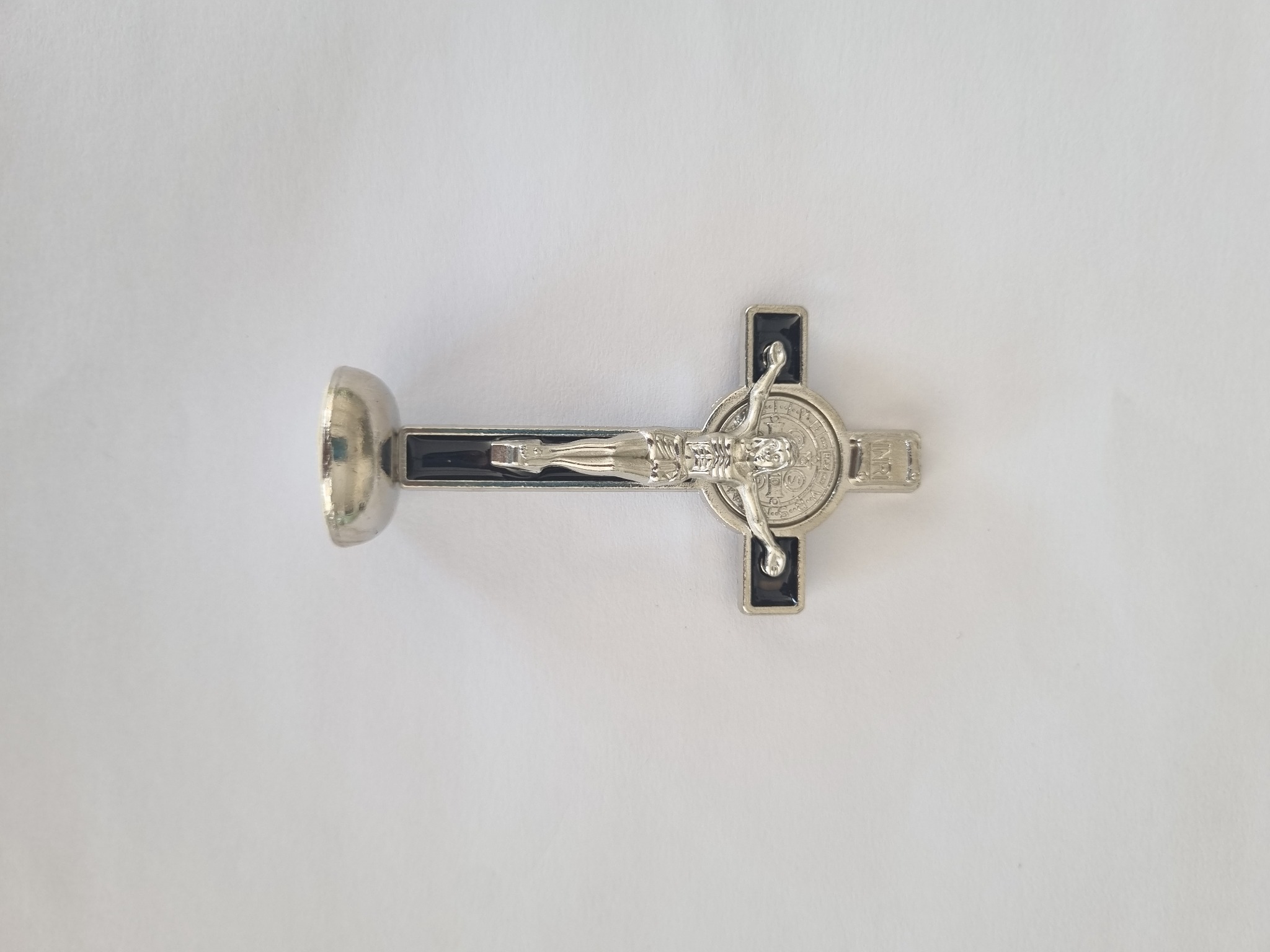 Small silver and black St Benedict standing crucifix with base