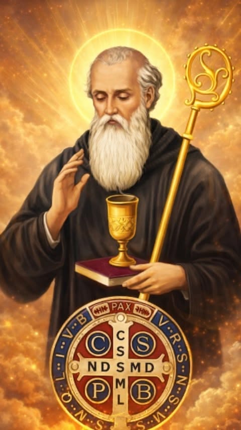 Devotional image of St Benedict with the St Benedict Medal